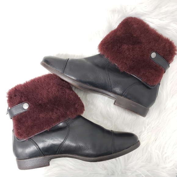 Ugg Inez Sherling Ankle Cuff Leather Boots in Black and Oxford Red Size 7 - Picture 5 of 14